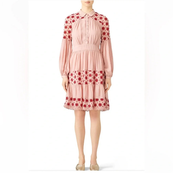 byTiMo pink red‎ embroidered long sleeve Broderie Anglaise Dress XL - Picture 1 of 12